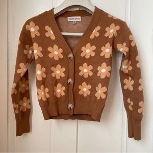 Willow & Wind Tan Cropped Cardigan with Flower Pattern